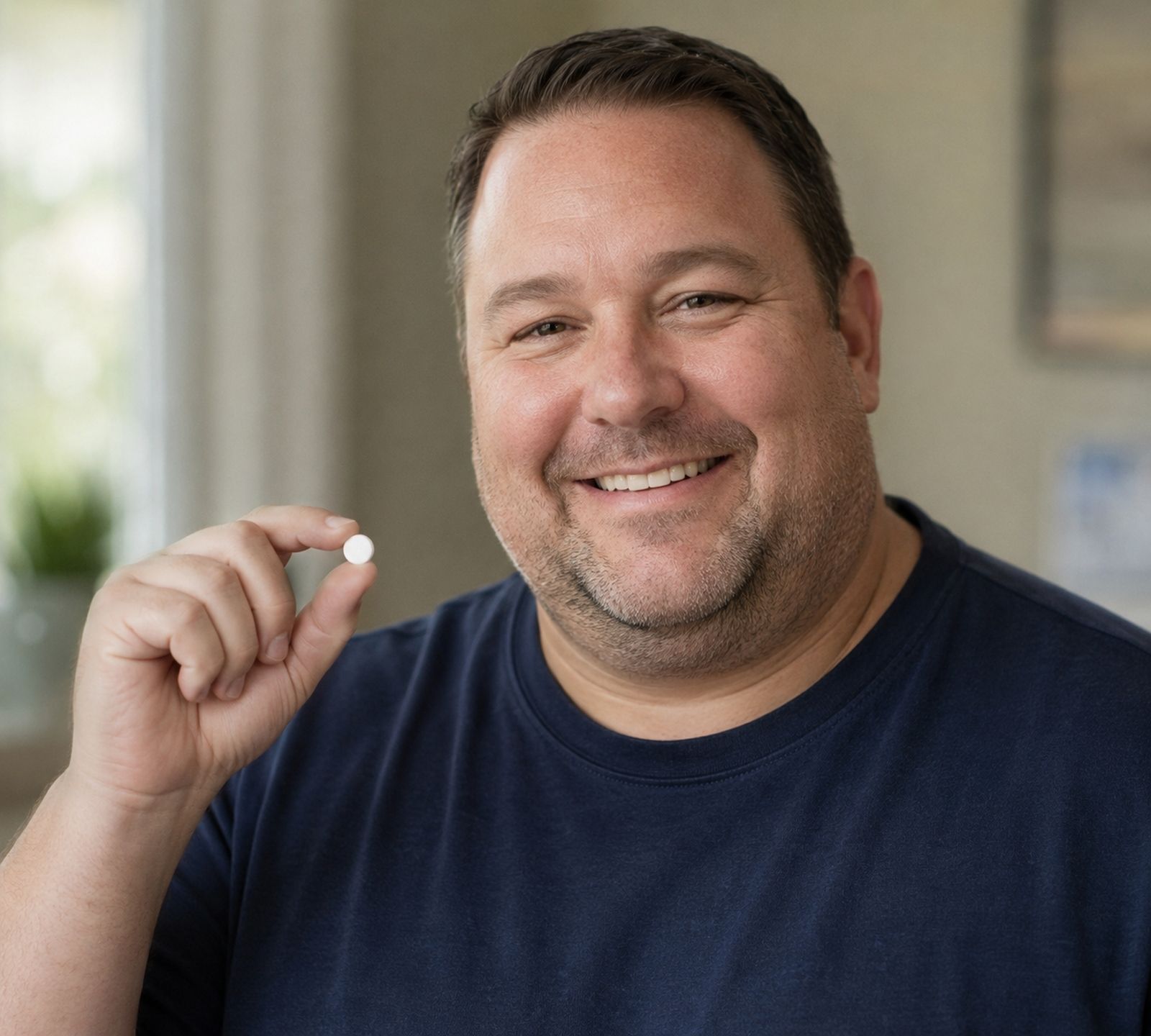 Smiling man holding a sublingual GLP-1 tablet at home
