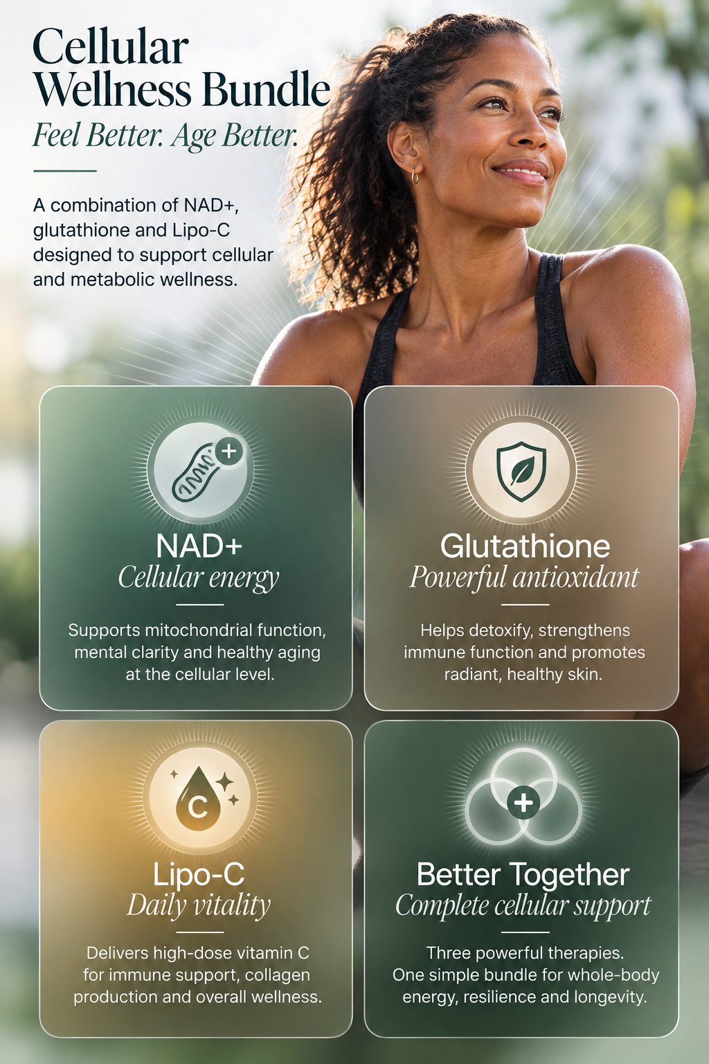 Cellular Wellness Bundle — NAD+ for cellular energy, glutathione as a powerful antioxidant, Lipo-C for daily vitality, three complementary therapies working together for metabolic wellness.