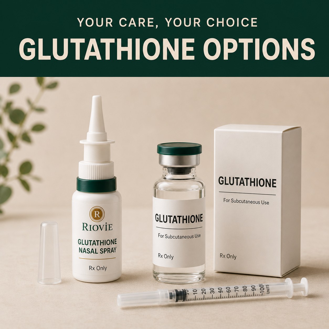 Riovie glutathione options — nasal spray bottle, glutathione vial, carton and syringe