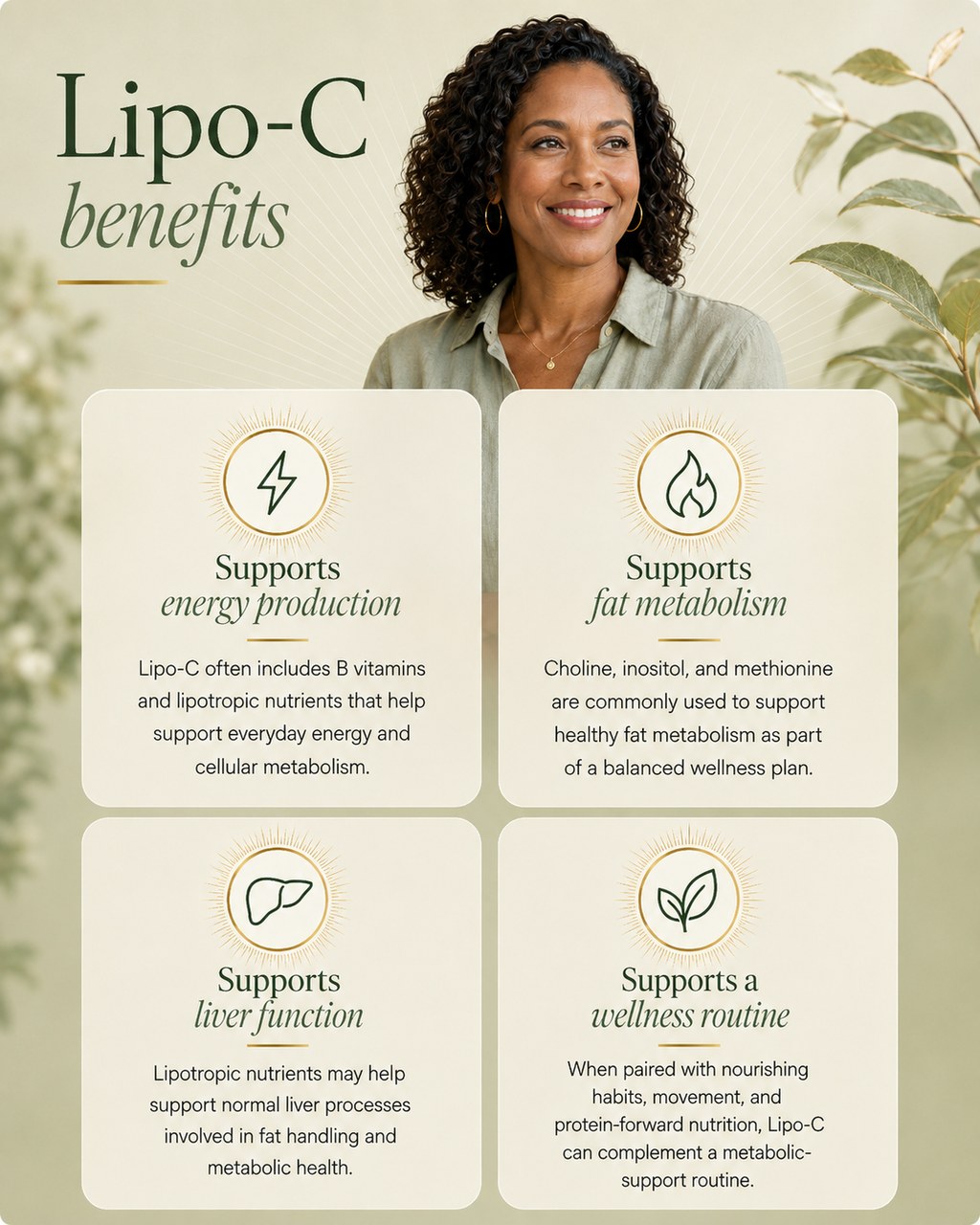 Lipo-C benefits — supports energy production, supports fat metabolism, supports liver function, and supports a wellness routine.