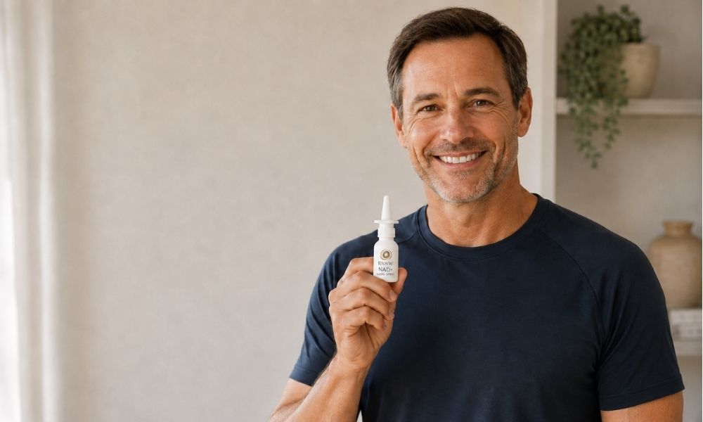 Man holding a Riovie NAD+ nasal spray