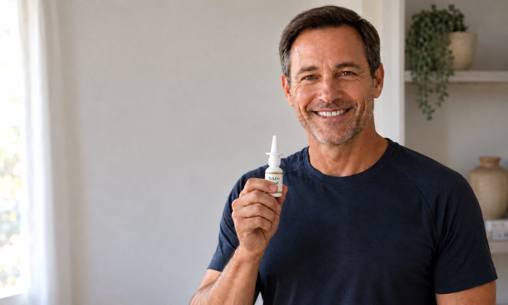Man smiling and holding an NAD+ nasal spray
