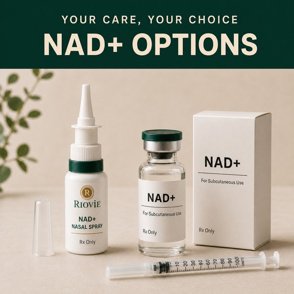 NAD+ options — nasal spray, vial, carton and syringe