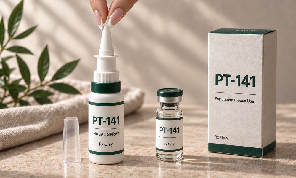PT-141 nasal spray beside injection vial and carton