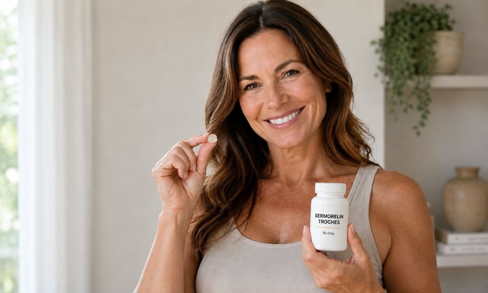Woman smiling and holding a bottle of sermorelin troches