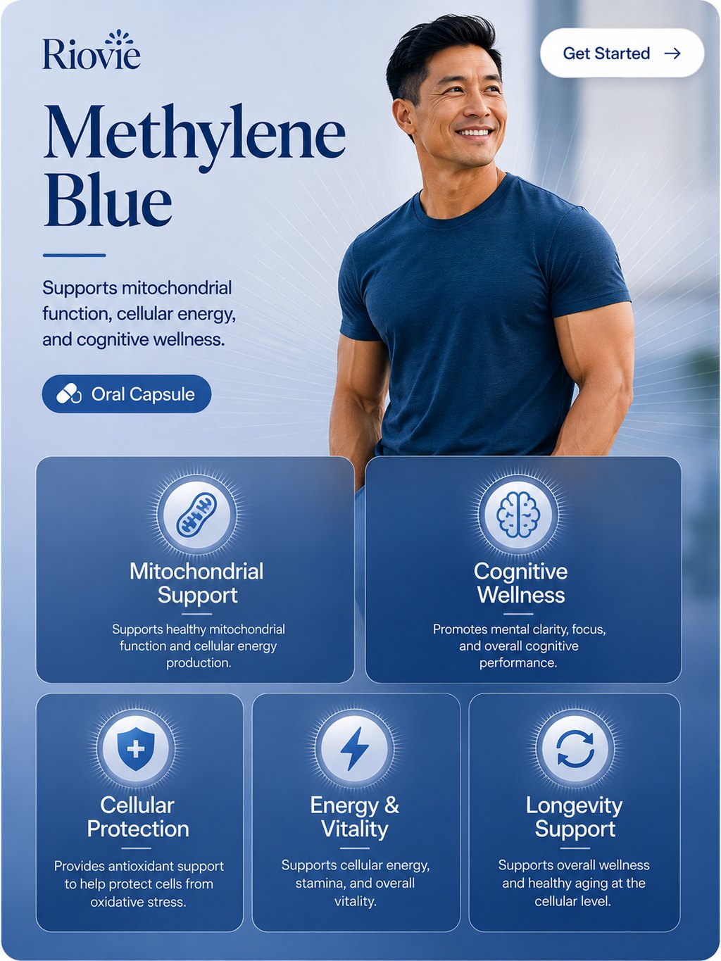Methylene Blue benefits — supports mitochondrial function, supports cellular energy, supports cognitive wellness, in a convenient oral capsule.