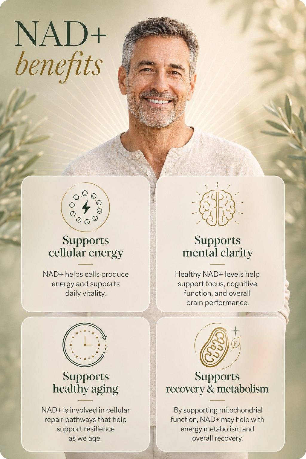 NAD+ benefits — supports cellular energy, mental clarity, healthy aging, and recovery and metabolism.