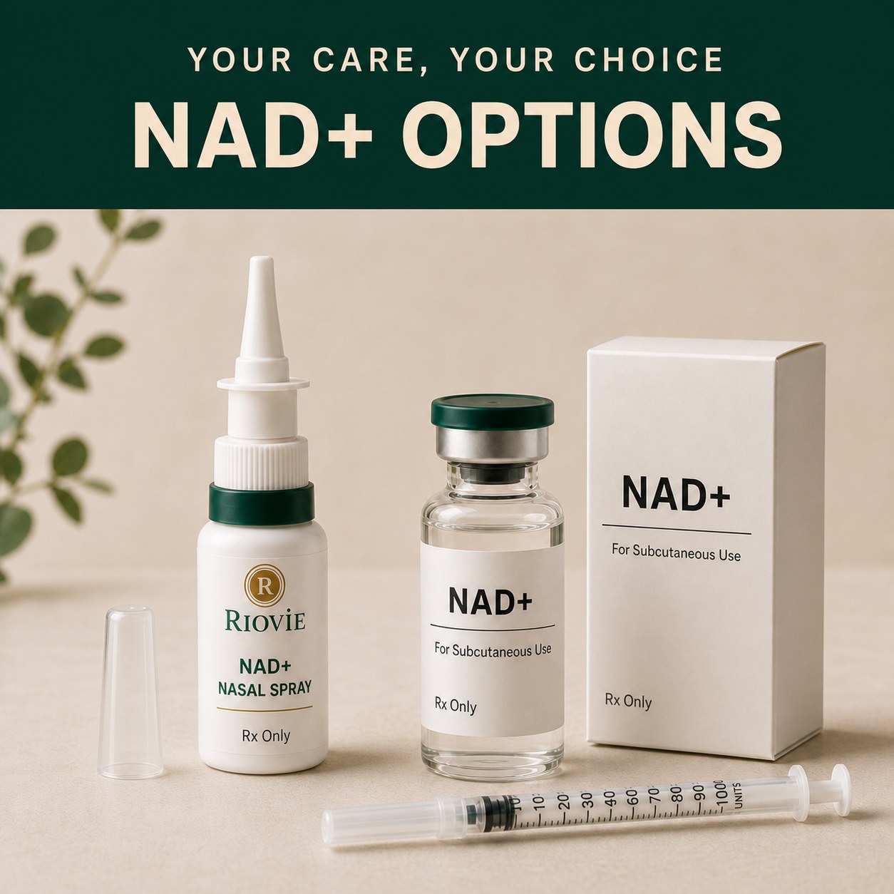 Riovie NAD+ options — nasal spray bottle, NAD+ vial, carton and syringe