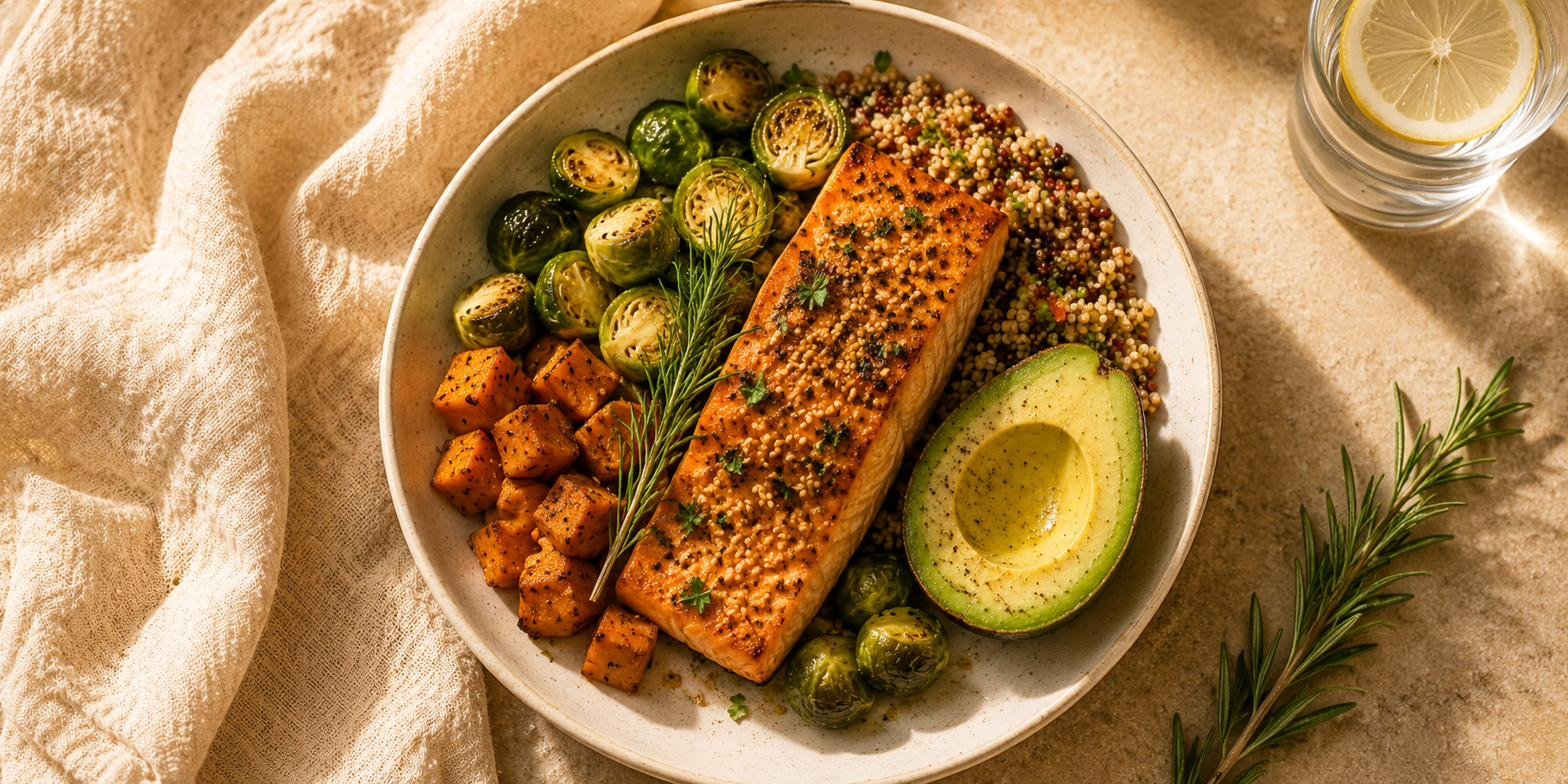 Grilled salmon with roasted vegetables, avocado, grains, herbs, and water