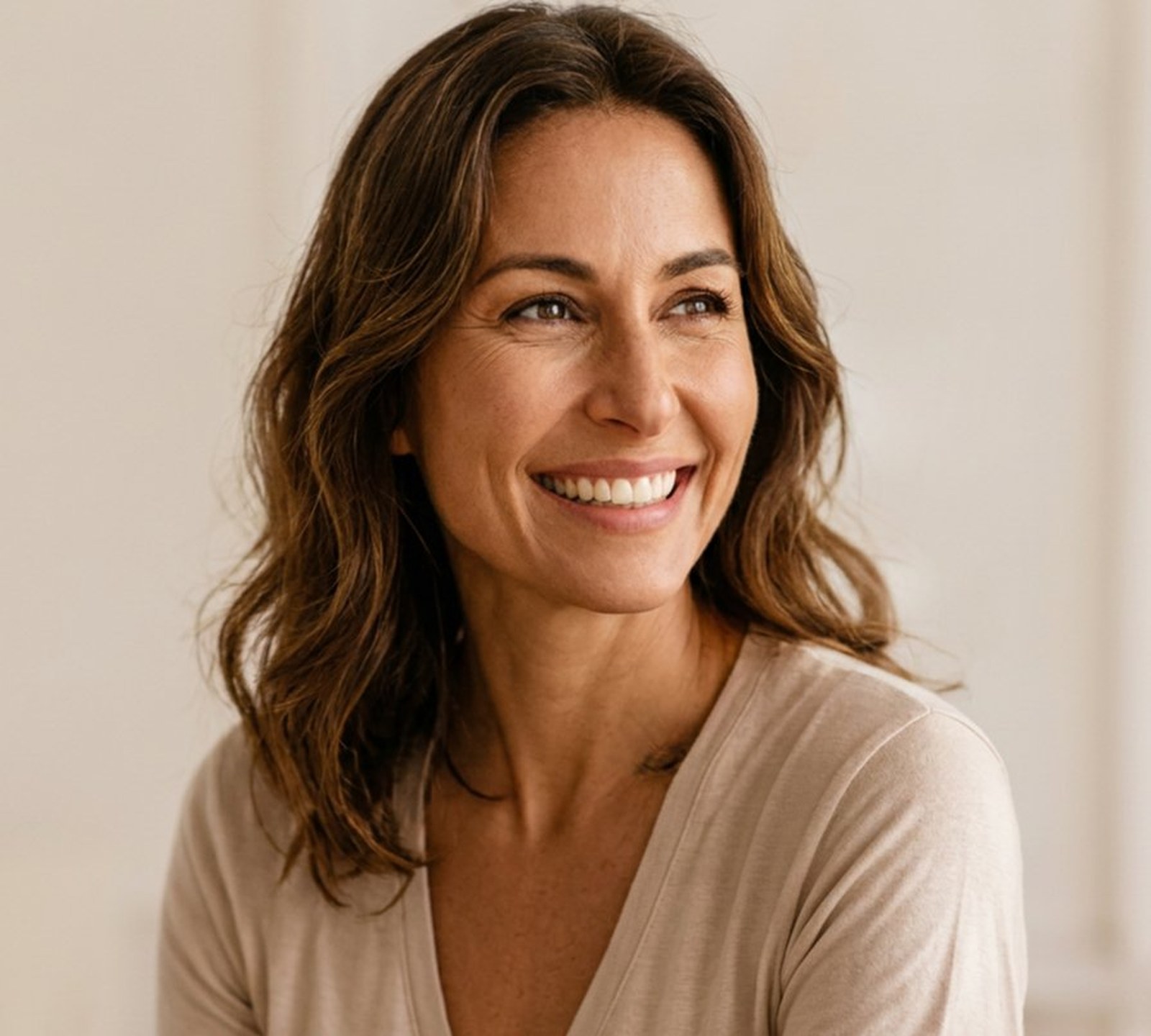 Healthy, happy looking woman in soft cream v-neck looking off camera