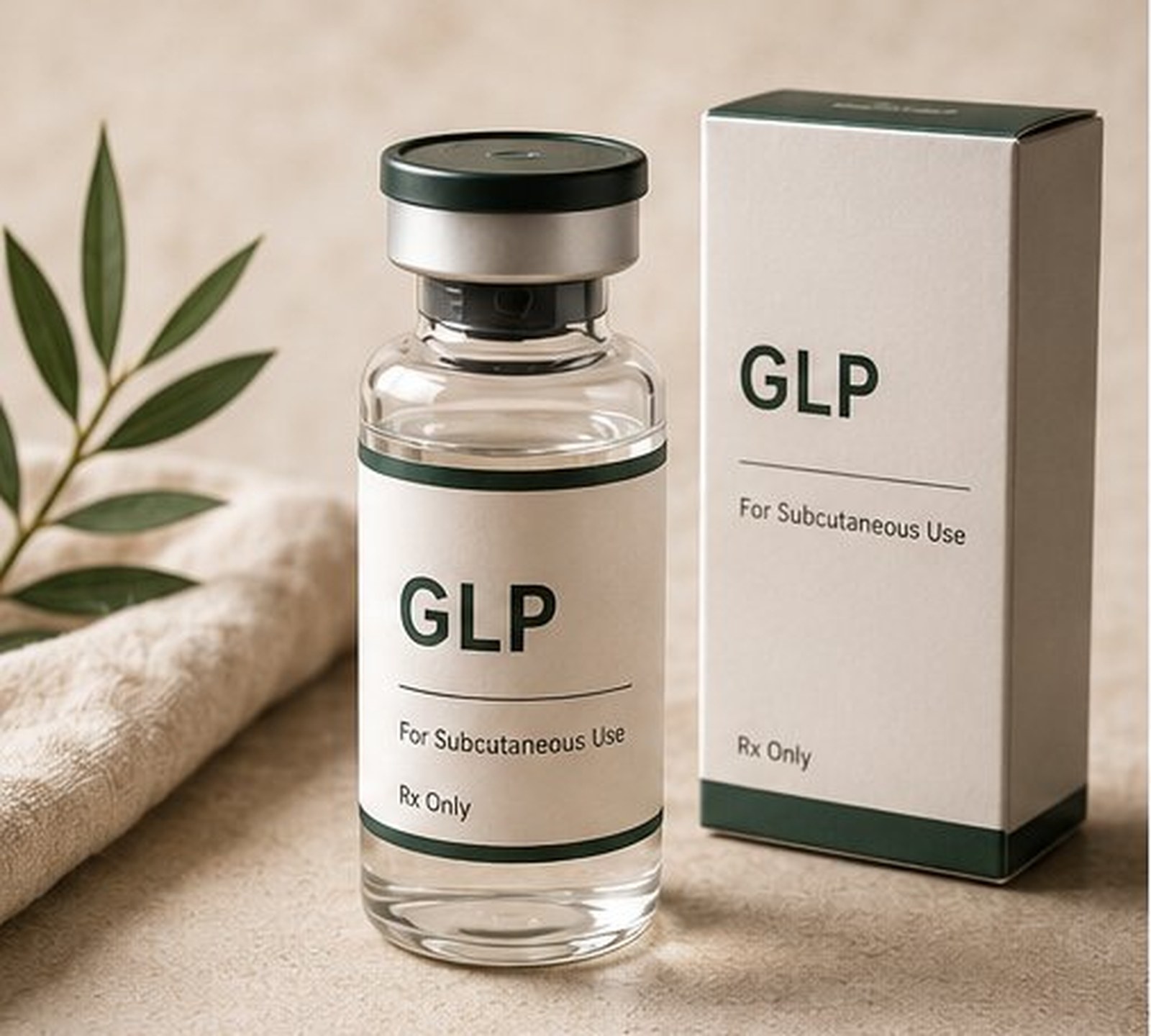 GLP vial on a cream linen surface