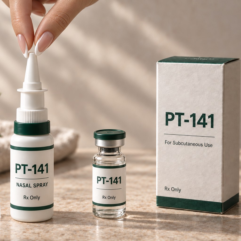 PT-141 bremelanotide options: nasal spray or subcutaneous injection vial with carton