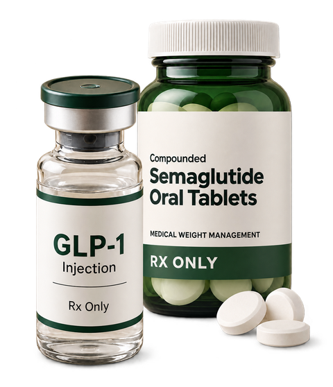 GLP-1 injection vial beside a bottle of semaglutide oral tablets