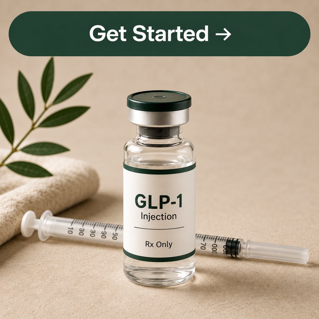 Compounded GLP-1 injection vial (Rx Only) with syringe — get started with your online visit