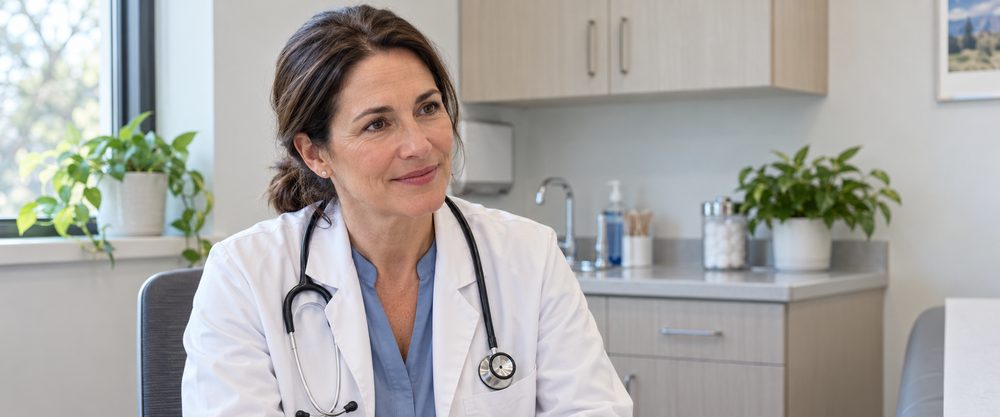 Licensed clinician in a white coat and stethoscope in an exam room