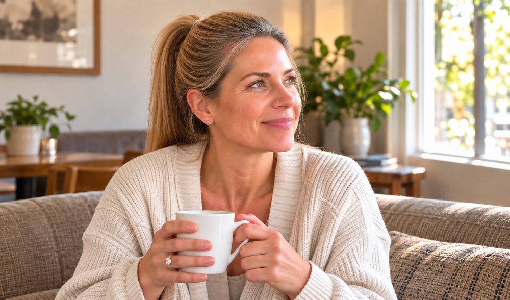 Woman in a cream cardigan holding a coffee mug at home