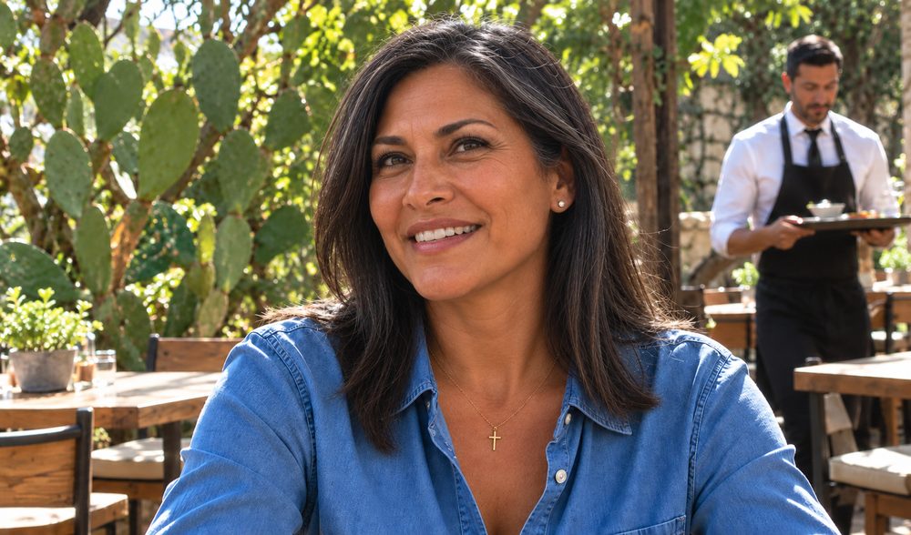 Woman in a denim shirt smiling on a sunny restaurant patio