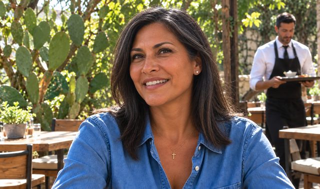 Woman in a denim shirt smiling on a garden patio