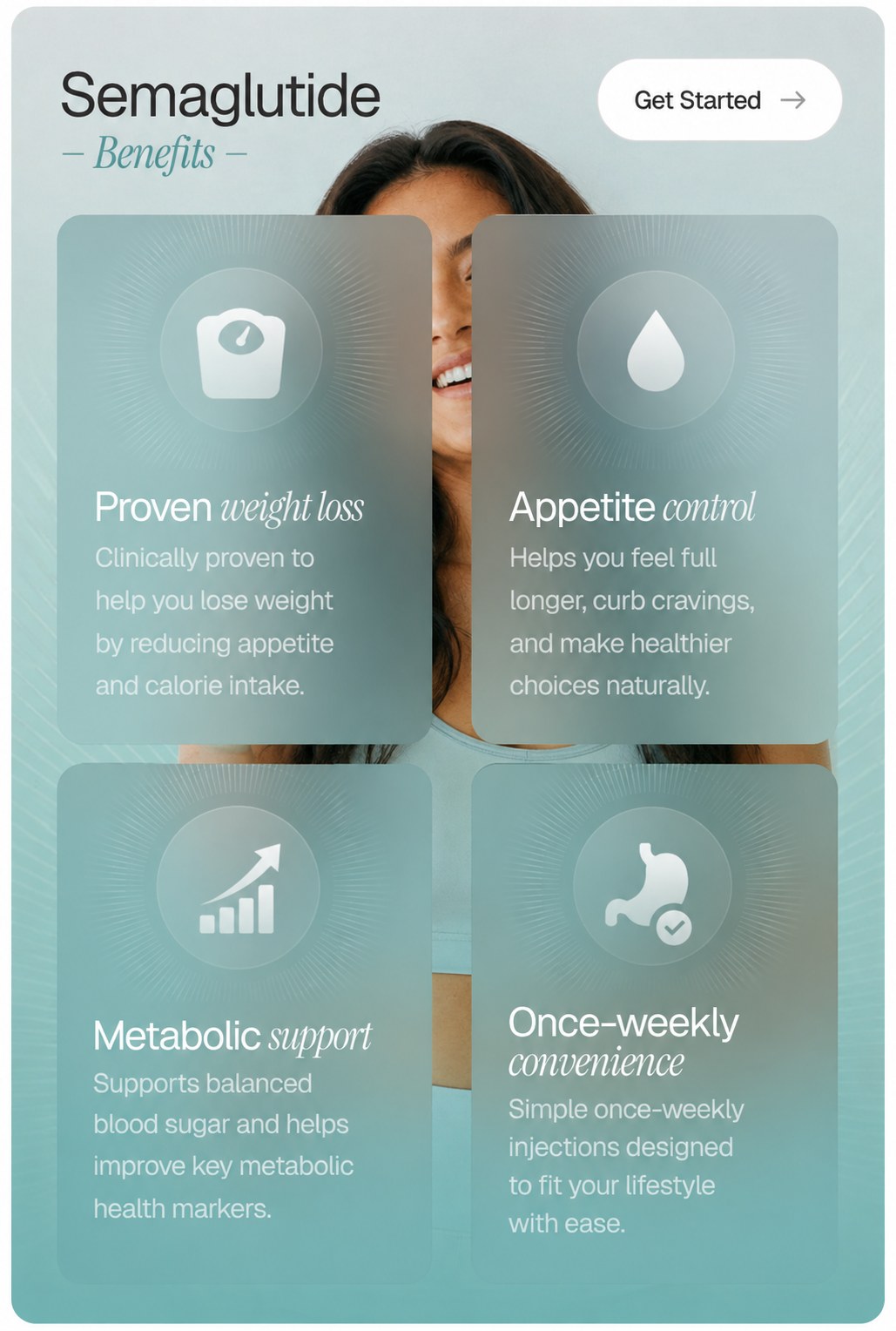 Semaglutide benefits — proven weight loss, appetite control, metabolic support, once-weekly convenience. Get started.