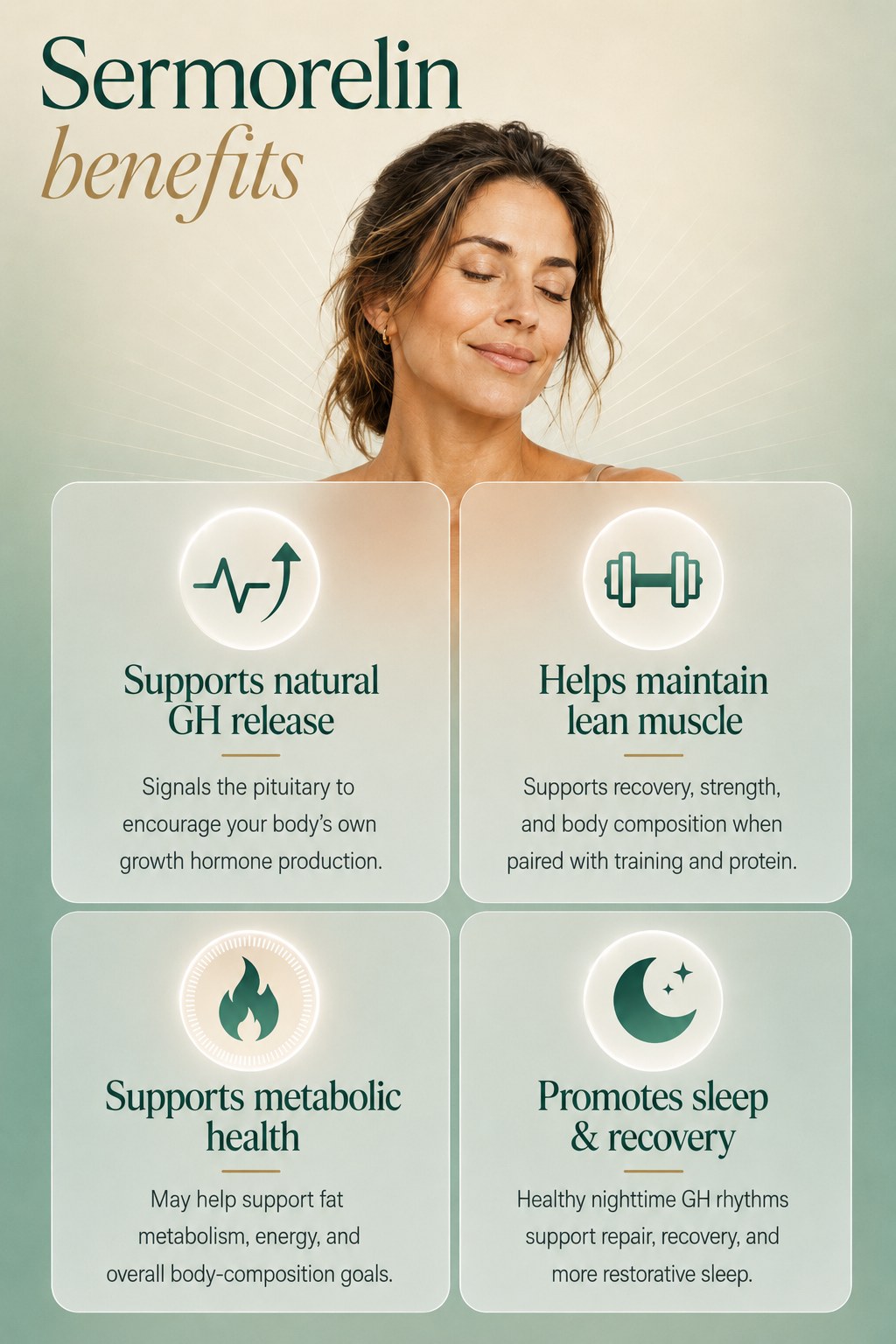 Sermorelin benefits — supports natural growth hormone release, helps maintain lean muscle, supports metabolic health, and promotes sleep and recovery.
