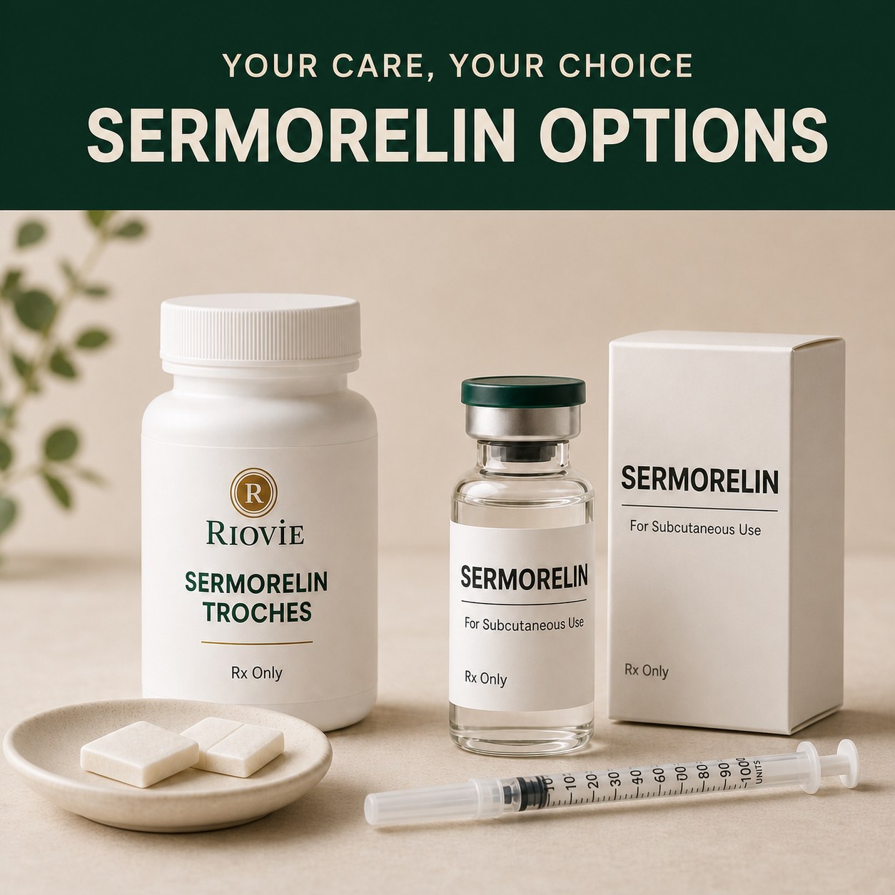 Riovie sermorelin options — troche bottle with troches, sermorelin vial, carton and syringe