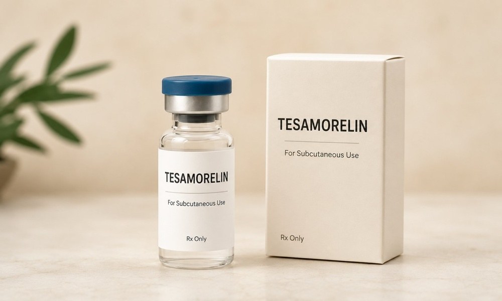 Riovie tesamorelin compounded injection vial and carton
